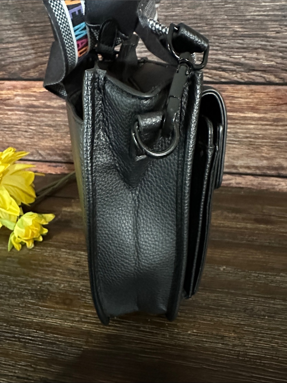 Steve Madden Bmezza Black Pebbled Crossbody with Multicolor Logo Strap - Picture 5 of 8